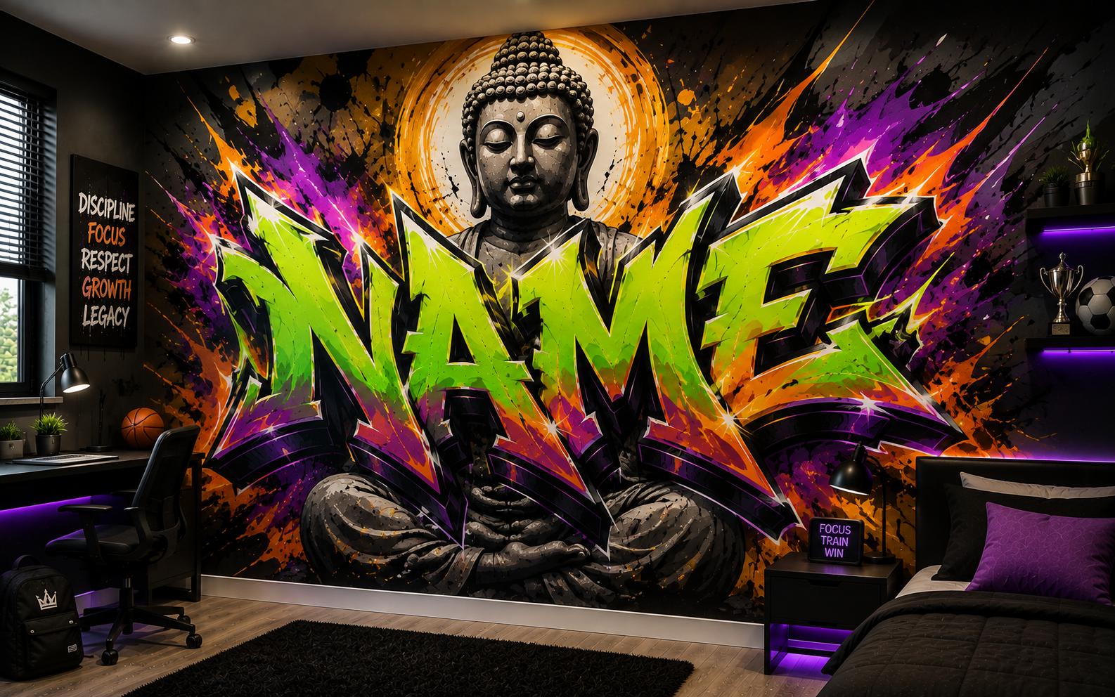 Sfeer-impressie tienerkamer met een naam in groene graffitiletters voor een rustige boeddha met kleurexplosie