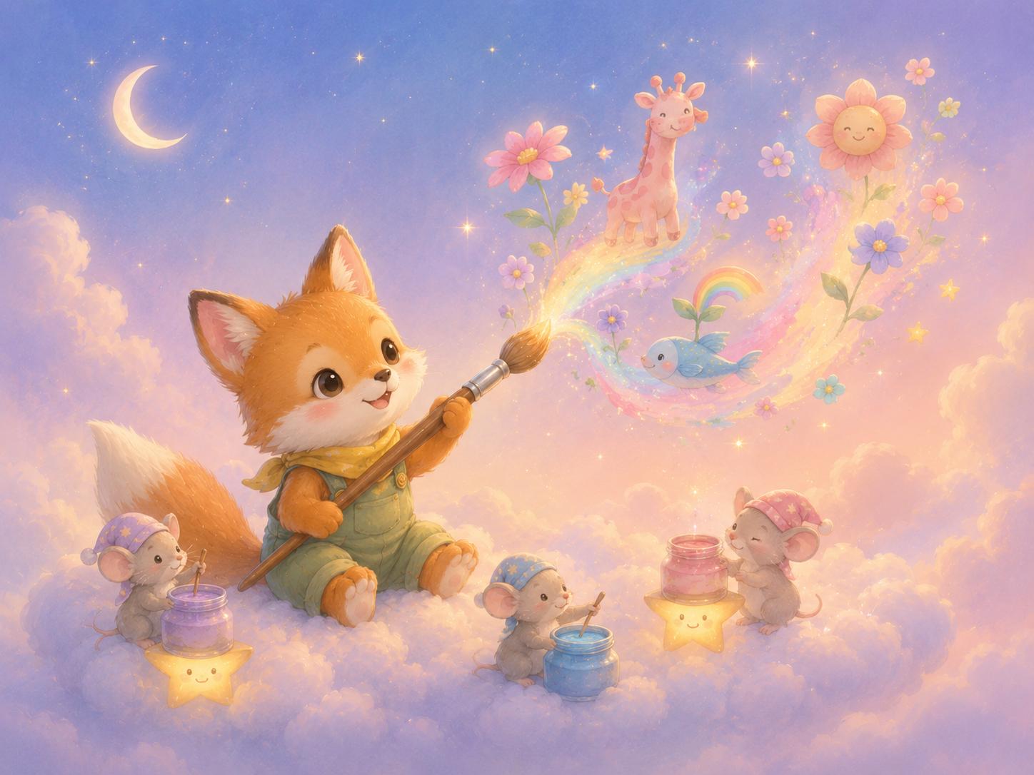 Sfeer-impressie muurschildering met een vosje dat met een kwast een regenboog van bloemen en dieren schildert boven de wolken