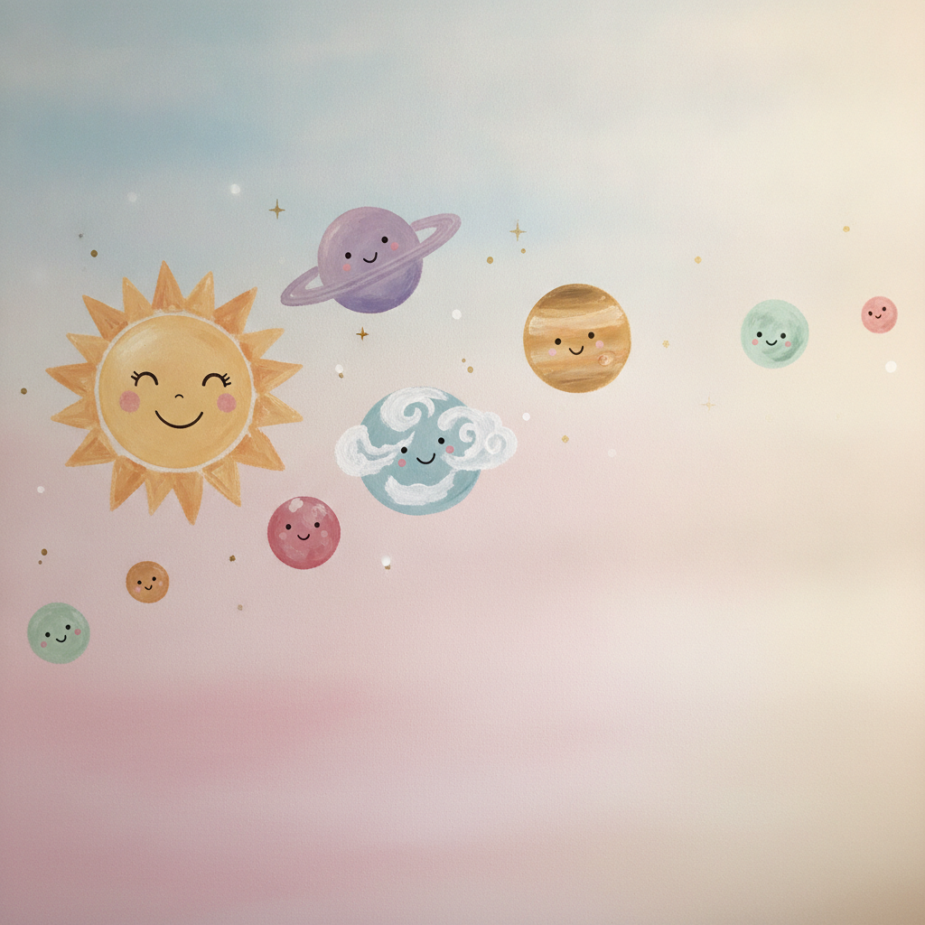 Sfeer-impressie ruimte muurschildering met lachende zon en vrolijke planeten in pasteltinten