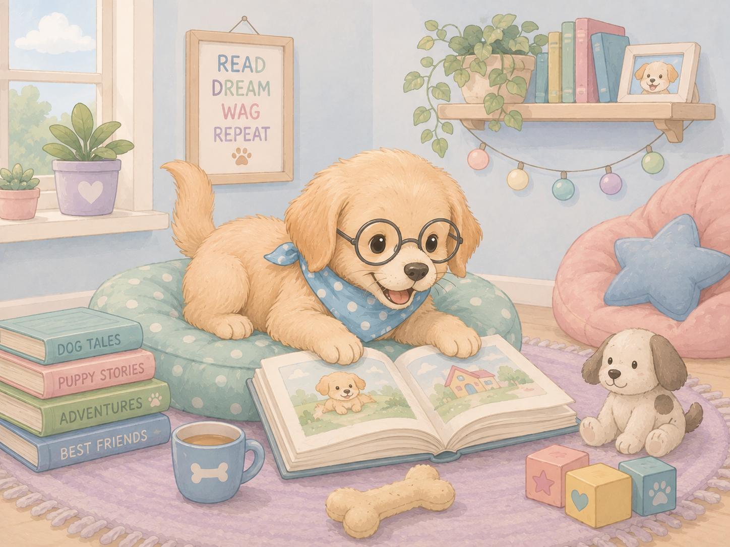 Sfeer-impressie kinderkamer met een puppy met bril die op kussens een boek leest tussen boeken en knuffels