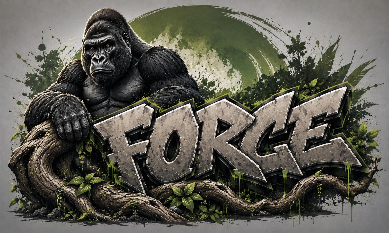 Sfeer-impressie muurschildering met een gorilla naast het woord FORCE in steenletters met groene bladeren