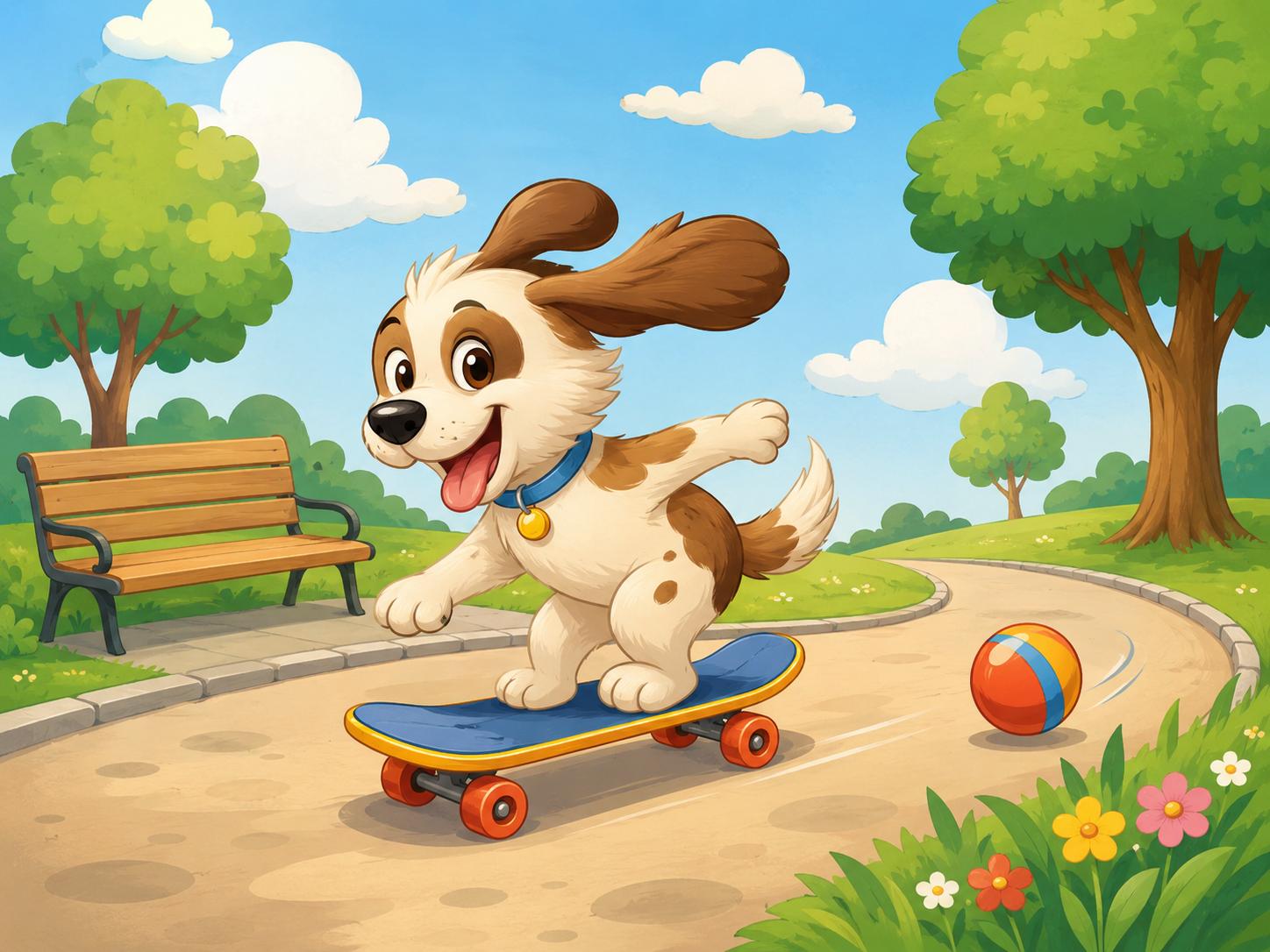 Sfeer-impressie muurschildering met een puppy op een skateboard in het park met een bankje en een bal
