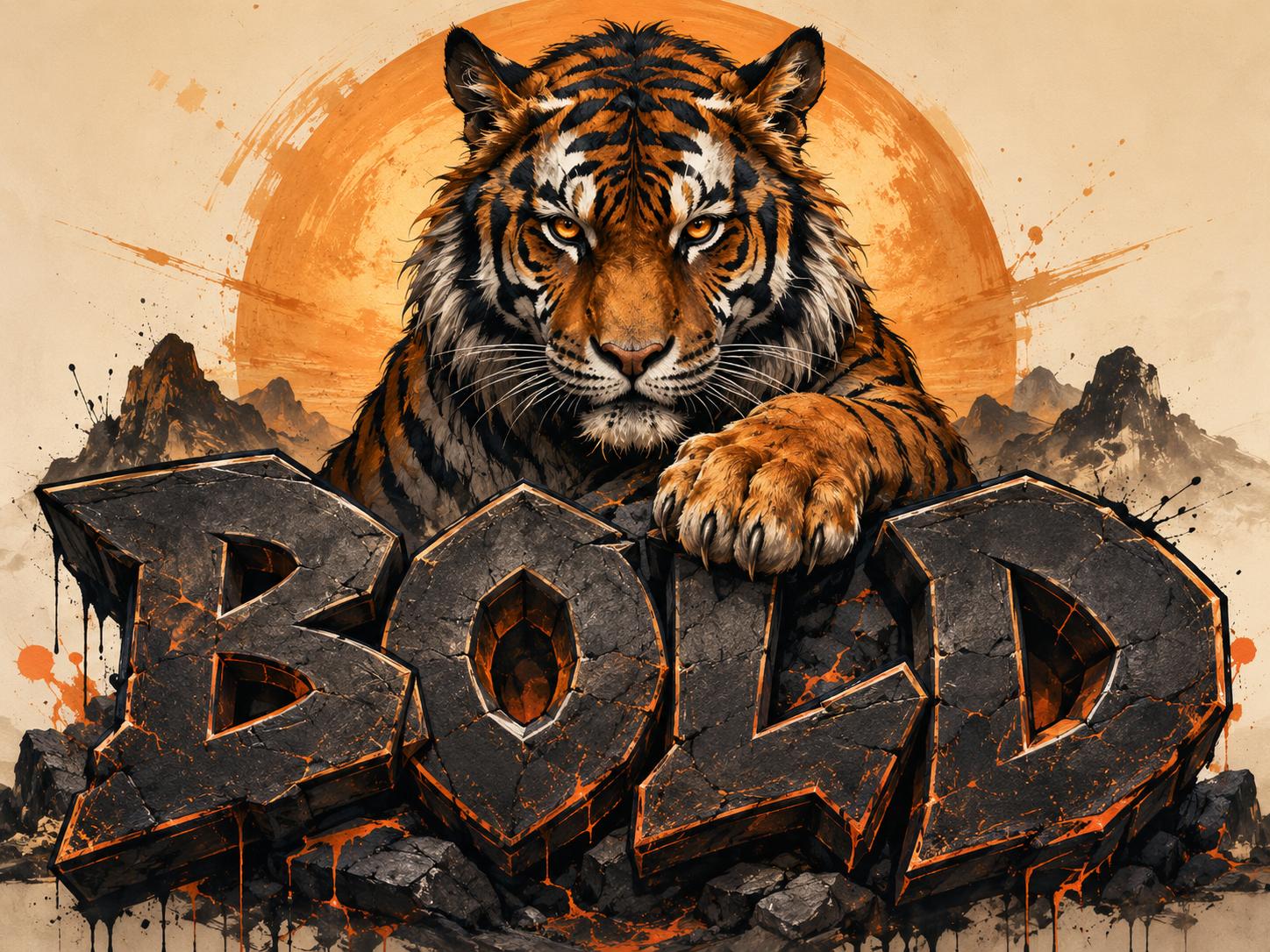 Sfeer-impressie muurschildering met een tijger boven het woord BOLD in donkere rotsletters tegen een oranje zon