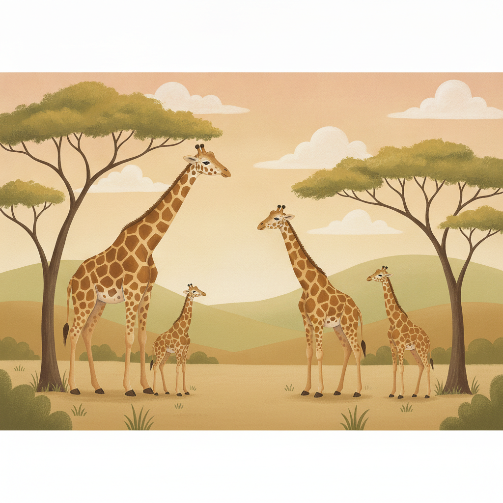 Sfeer-impressie safari muurschildering met een girafffamilie tussen acaciabomen en groene heuvels