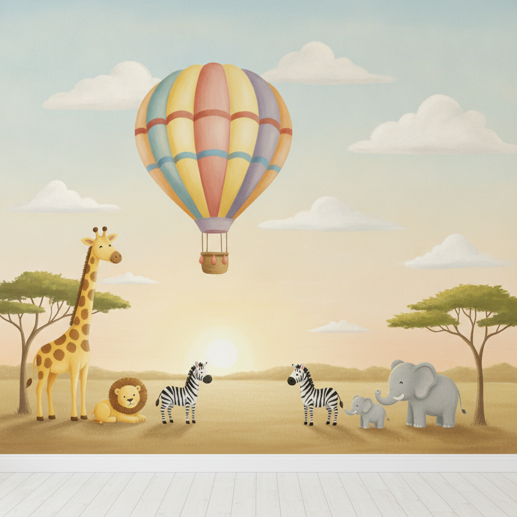 Sfeer-impressie safari muurschildering met giraf, leeuw, zebra's en olifanten onder een kleurige luchtballon