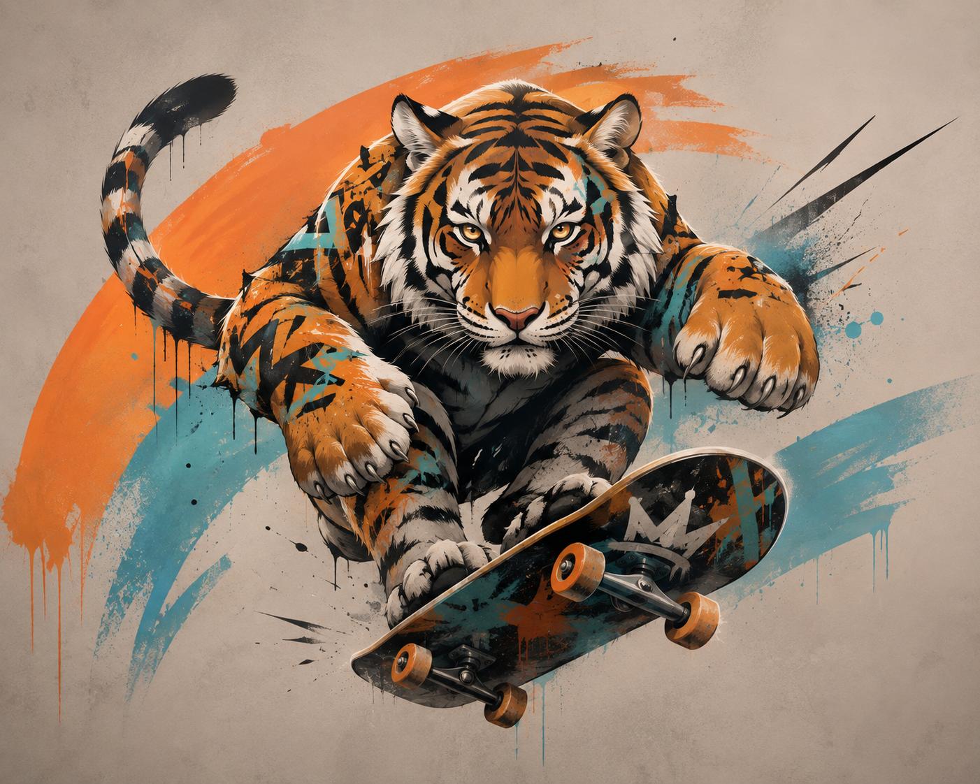 Sfeer-impressie muurschildering met een tijger op een skateboard tussen oranje en turquoise verfstreken