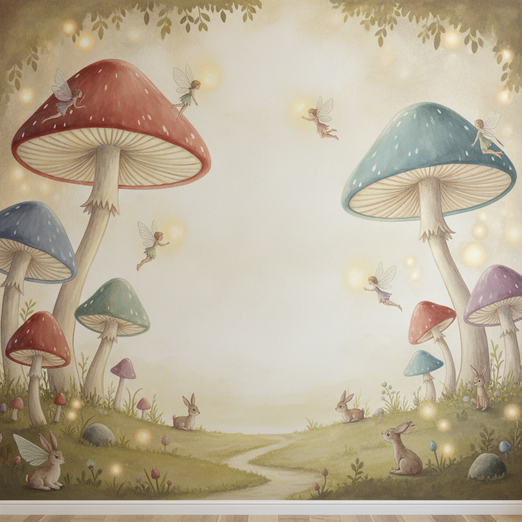 Sfeer-impressie muurschildering met elfjes tussen grote paddenstoelen en konijntjes met vleugels