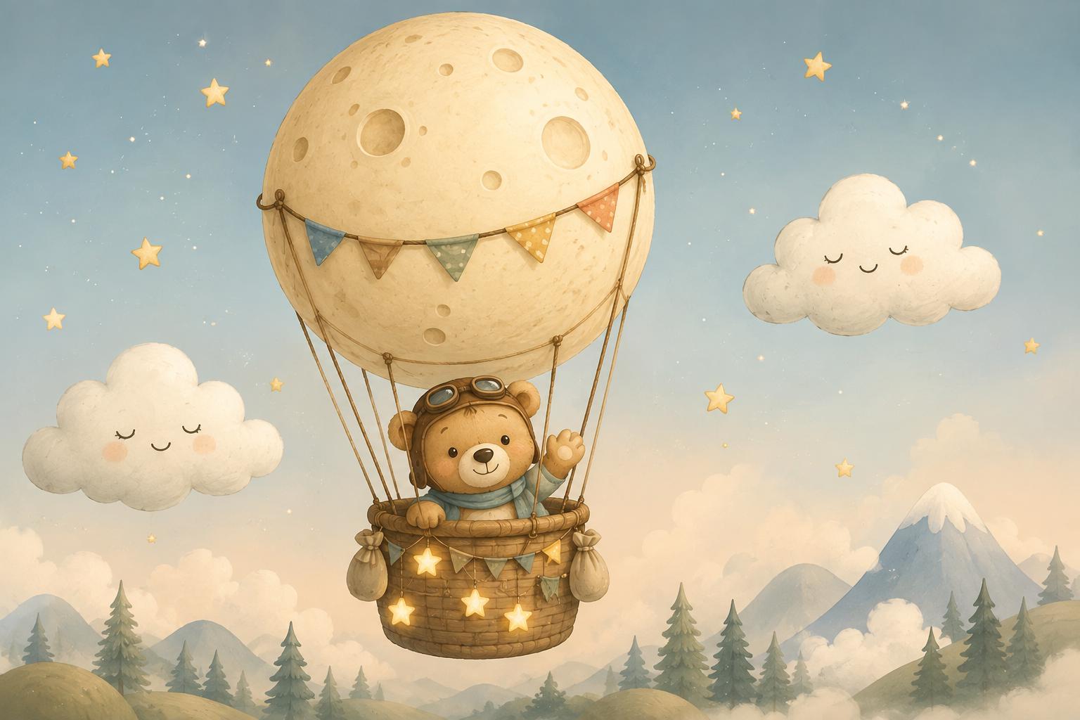 Sfeer-impressie muurschildering met een beertje in een luchtballon die eruitziet als de maan, boven een dennenbos