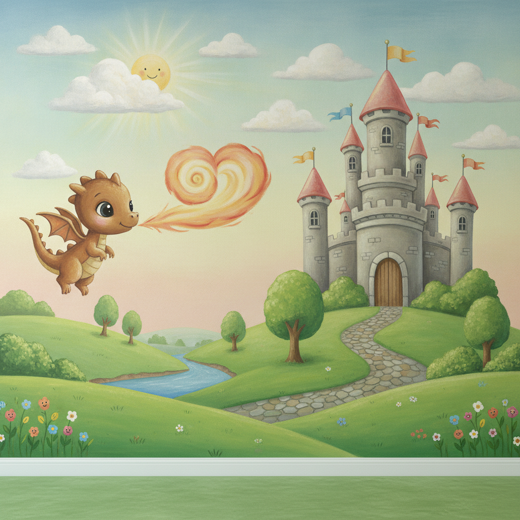 Sfeer-impressie muurschildering met een lief drakenjong dat een hartje van vuur blaast bij een kasteel