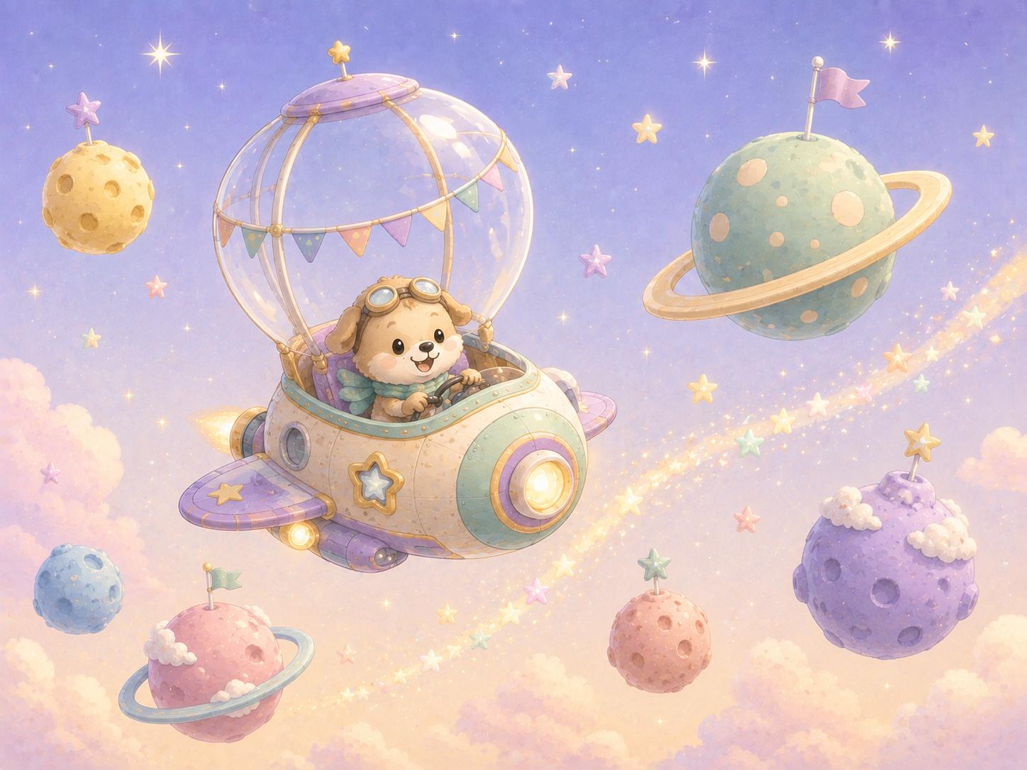 Sfeer-impressie muurschildering met een hondje in een ruimteschip met een luchtballon-koepel tussen planeten en sterren