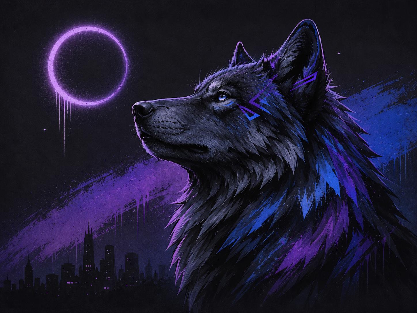 Sfeer-impressie muurschildering met een wolf in blauw en paars neon voor een nachtelijke skyline