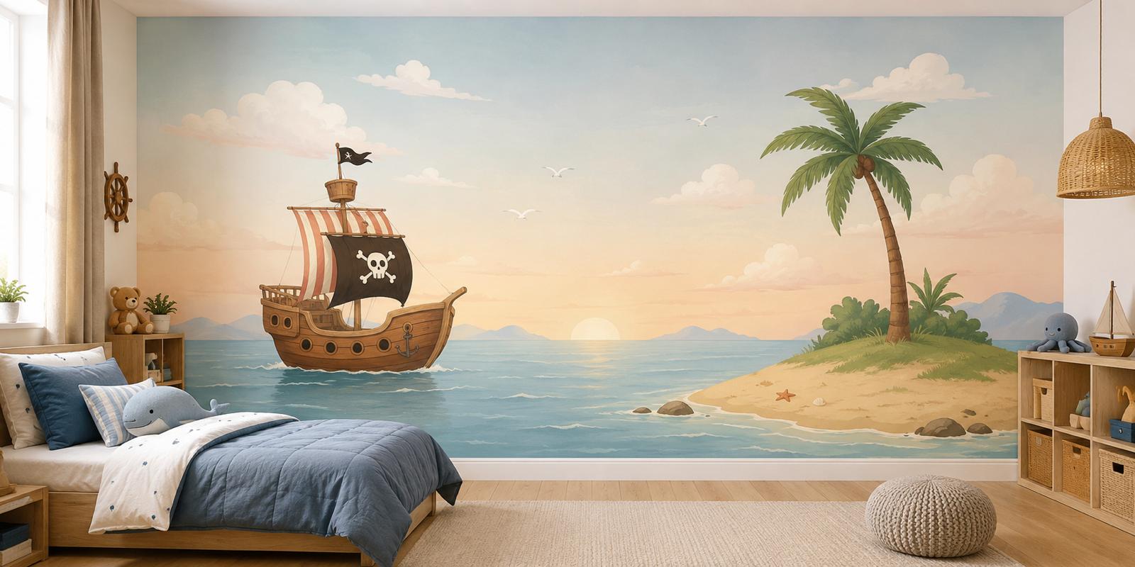 Sfeer-impressie muurschildering met een piratenschip bij zonsondergang naast een rustig strandeiland
