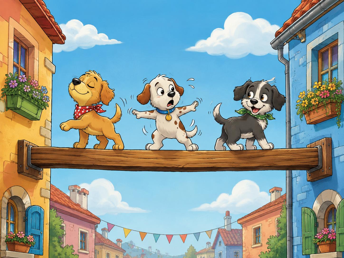 Sfeer-impressie muurschildering met drie puppy's die balanceren op een houten balk boven een kleurrijk dorpsstraatje