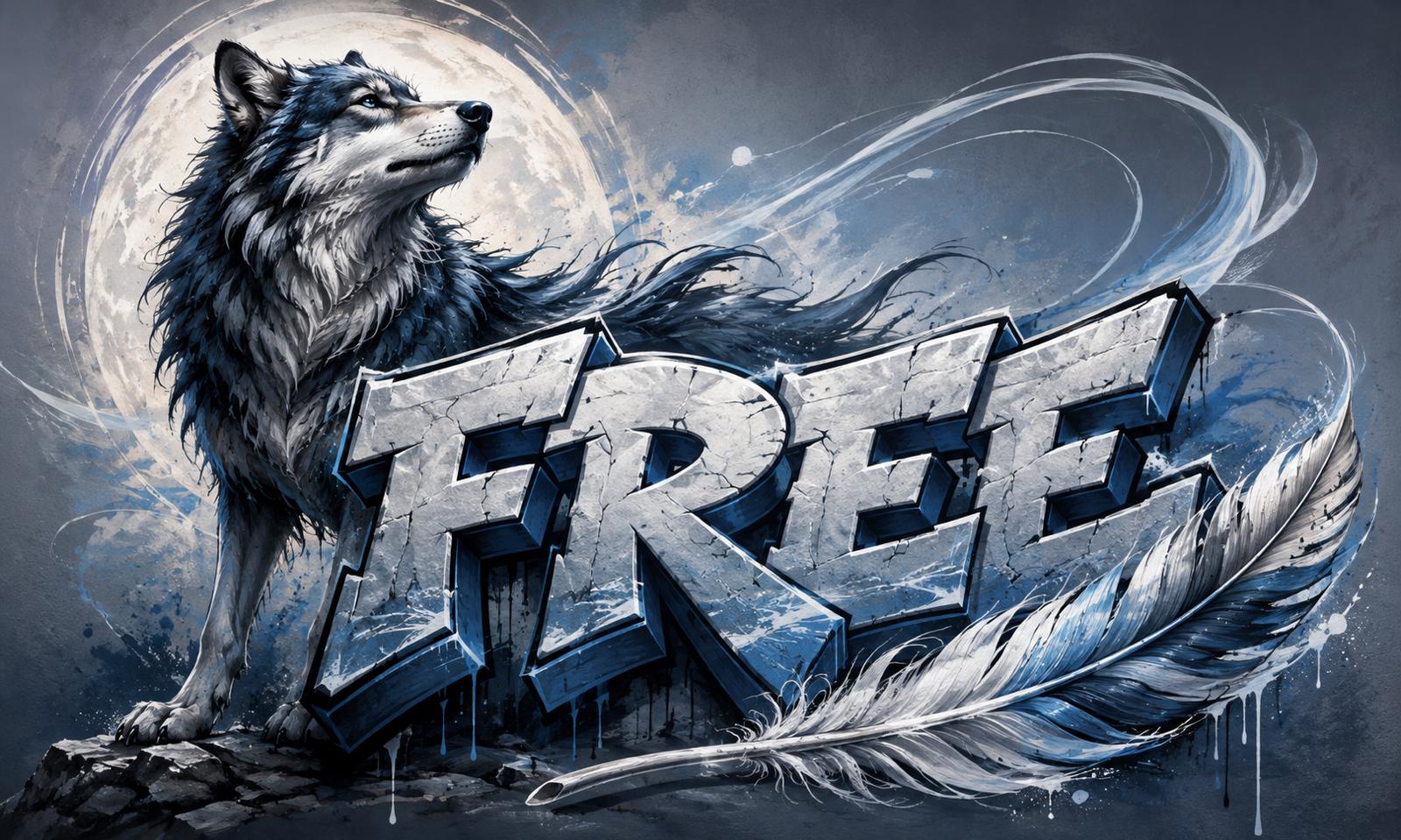 Sfeer-impressie muurschildering met een wolf naast het woord FREE in ijsblauwe letters met wervelende rook