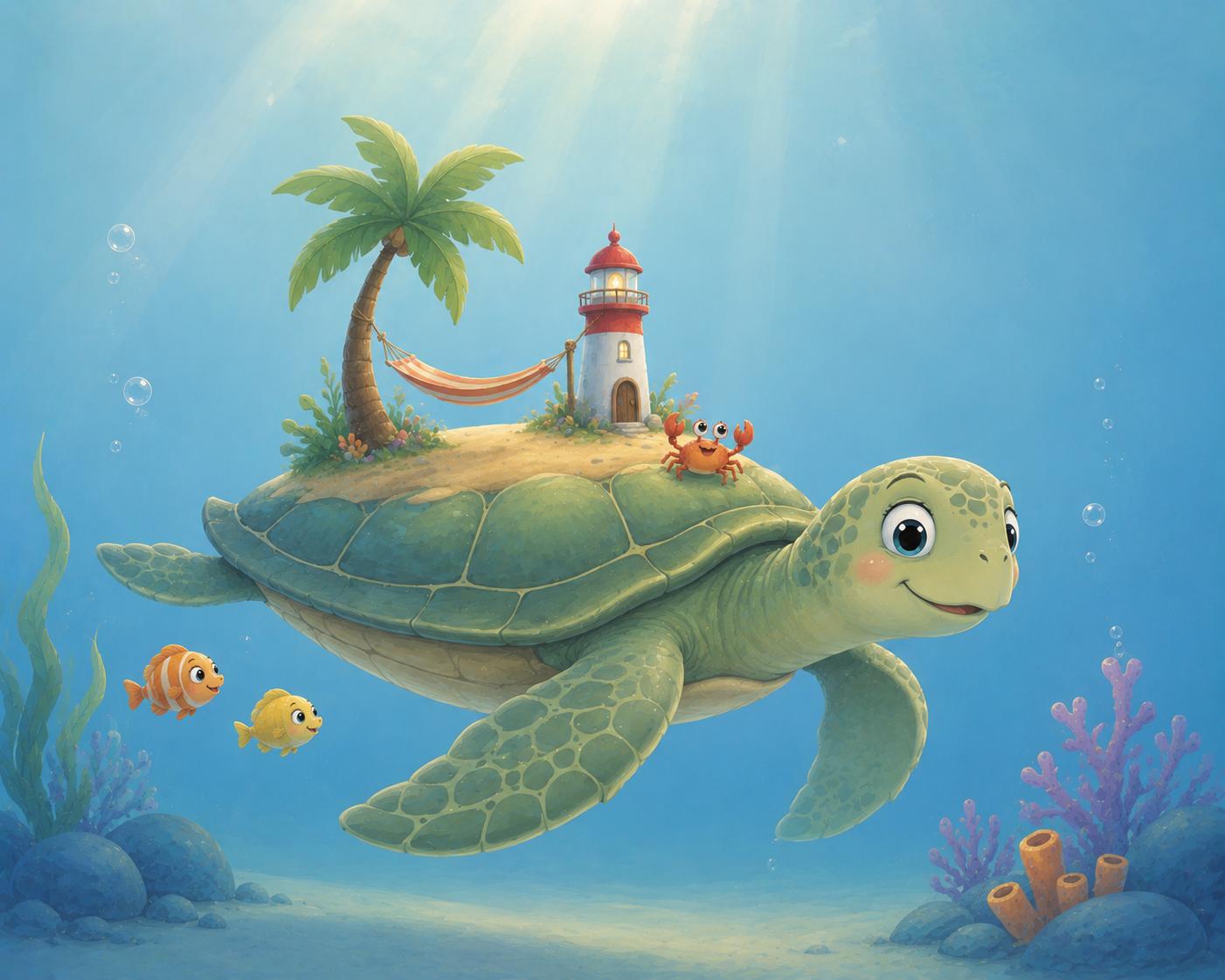 Sfeer-impressie muurschildering met een zeeschildpad die een eilandje met palm en vuurtoren op zijn schild draagt
