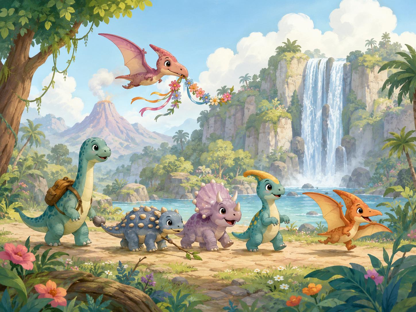 Sfeer-impressie dino muurschildering met vrolijke babydino's op wandeling langs een waterval