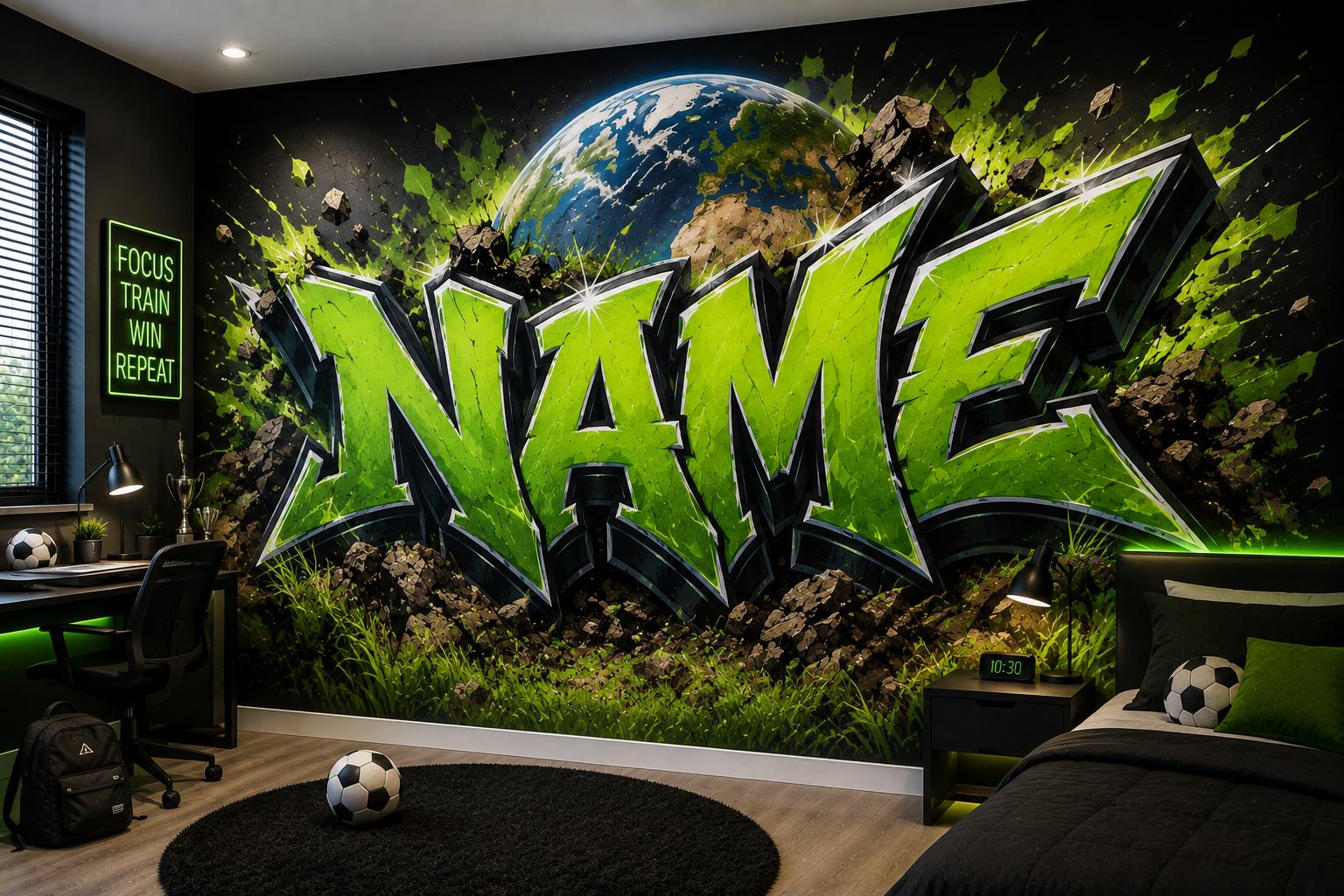 Sfeer-impressie tienerkamer met een naam in felgroene graffitiletters voor de aarde en opspattend gras