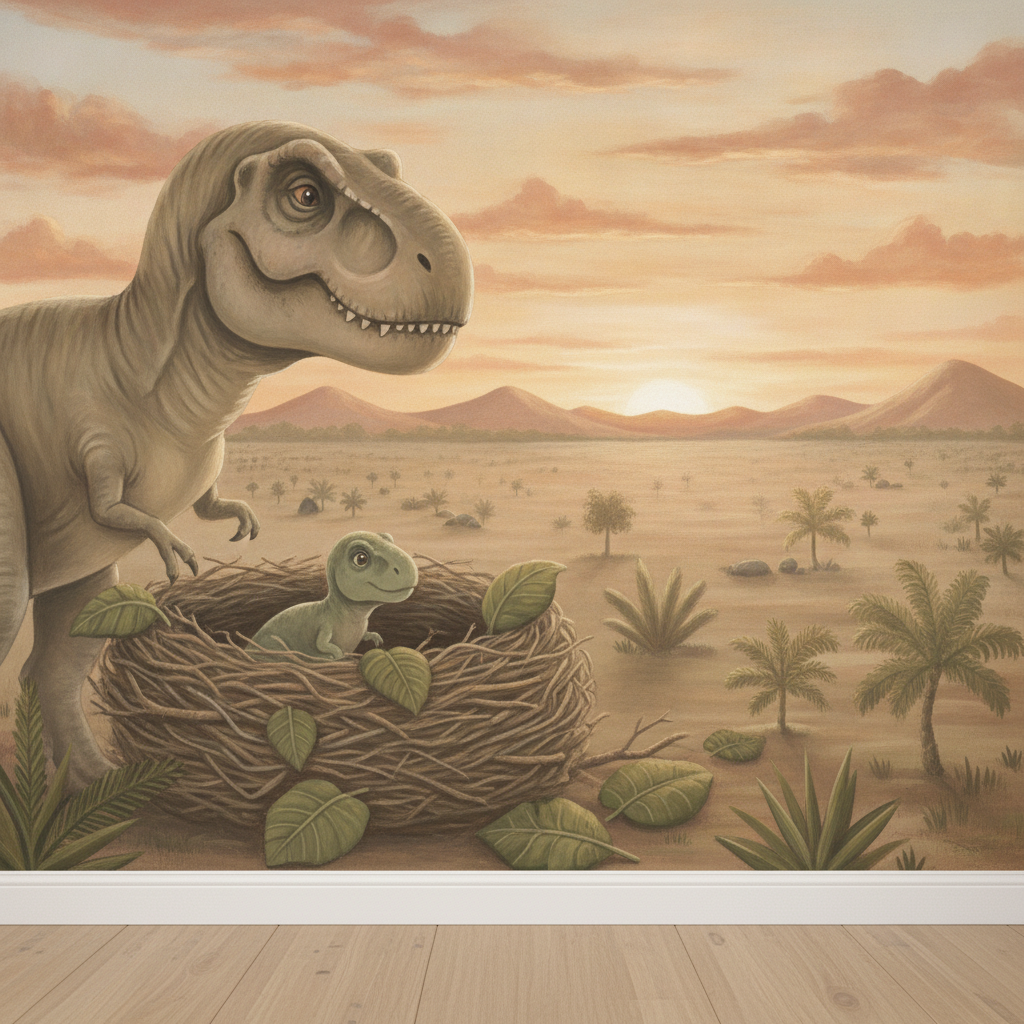 Sfeer-impressie dino muurschildering met vriendelijke T-rex en baby-dino in een nest bij zonsondergang