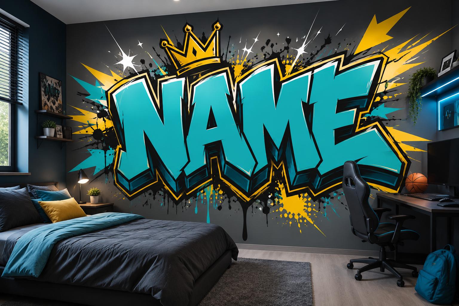 Sfeer-impressie tienerkamer met een naam in turquoise graffitiletters met gouden kroon op een donkergrijze muur