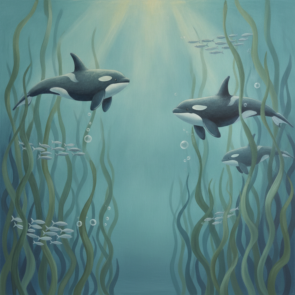 Sfeer-impressie onderwater muurschildering met orka's tussen wuivend zeewier