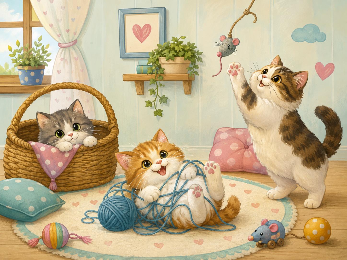 Sfeer-impressie kinderkamer met drie kittens die spelen met een bol wol en een speelhengel in zachte pasteltinten