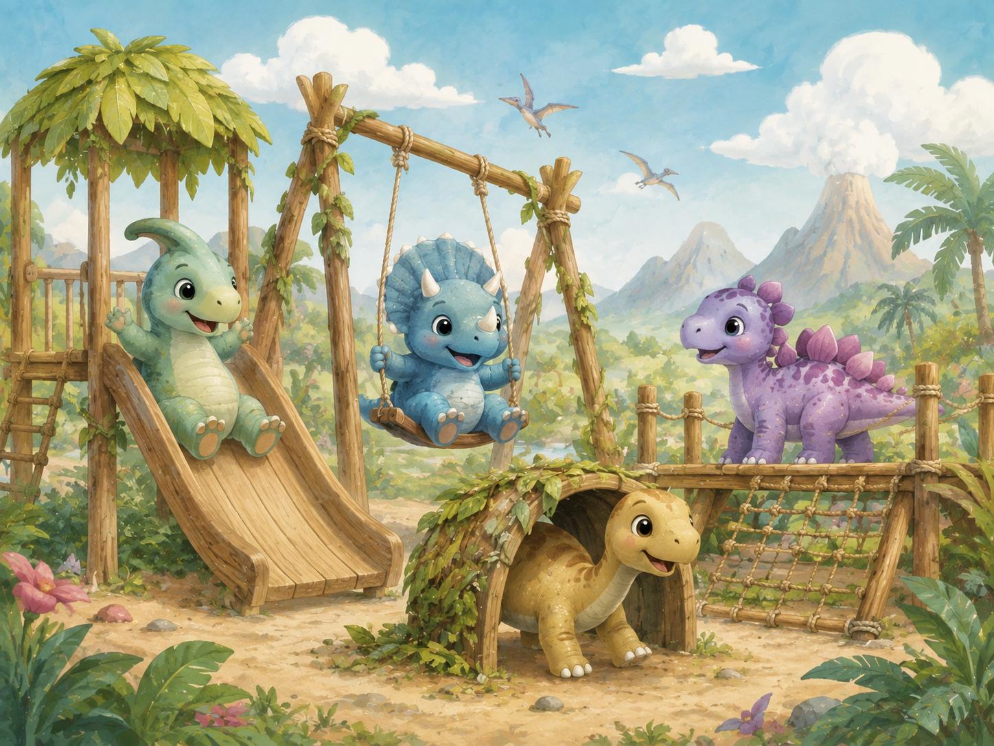 Sfeer-impressie dino muurschildering met babydino's op een houten speeltuin bij een vulkaan