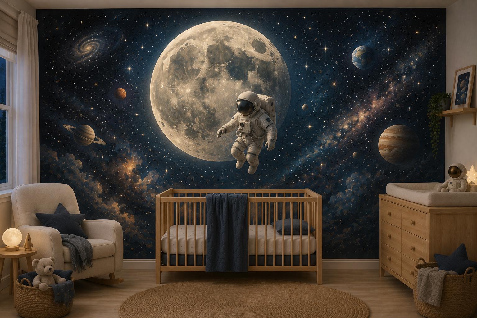 Sfeer-impressie kinderkamer met astronaut die zweeft voor een grote maan tussen planeten en sterren