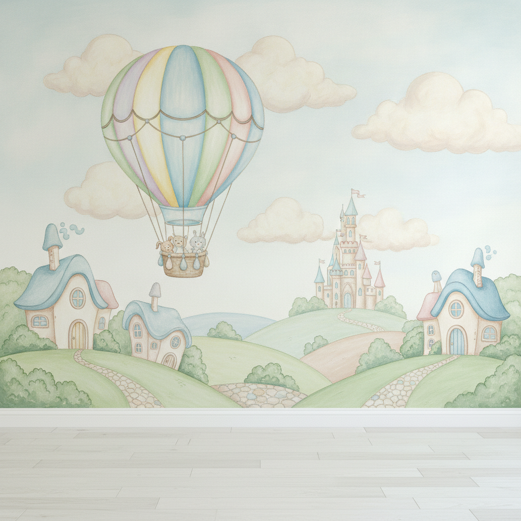 Sfeer-impressie muurschildering met luchtballon boven glooiende heuvels en een sprookjeskasteel