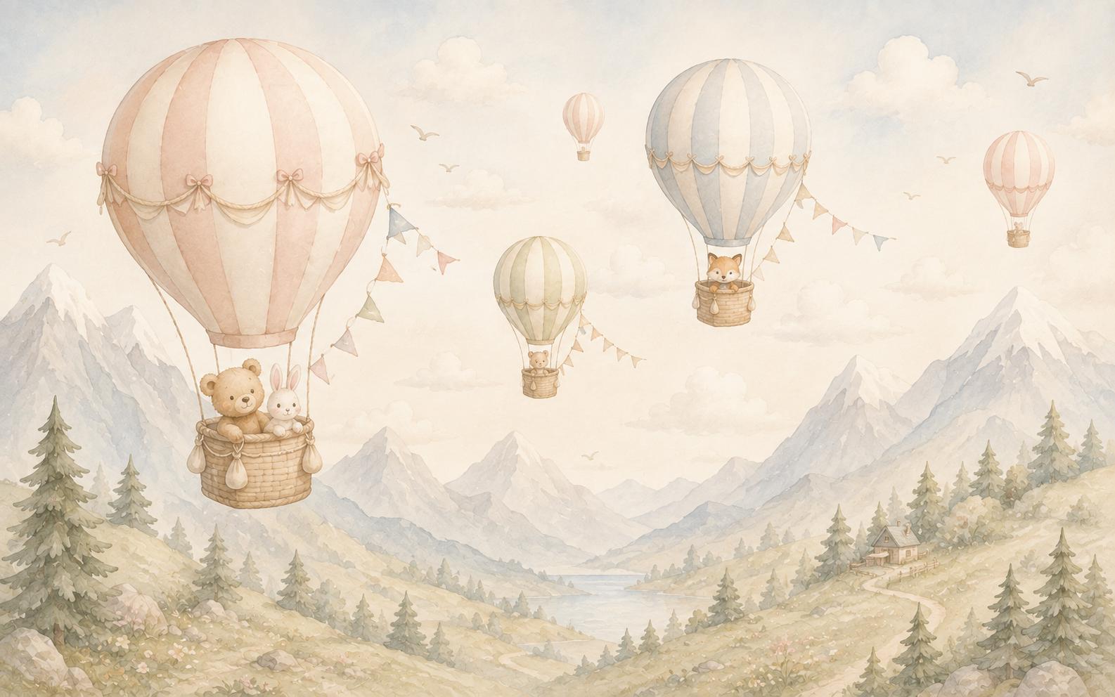Sfeer-impressie babykamer met luchtballonnen waarin een beertje, konijntje en vosje boven bergen en dennenbossen zweven, in zachte pasteltinten