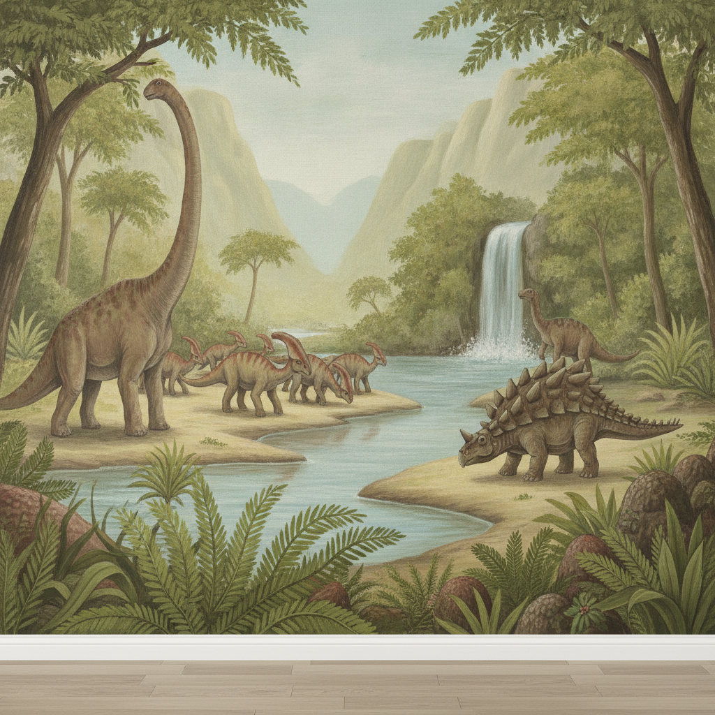 Sfeer-impressie dino muurschildering met langnekdino's en een ankylosaurus bij een waterval