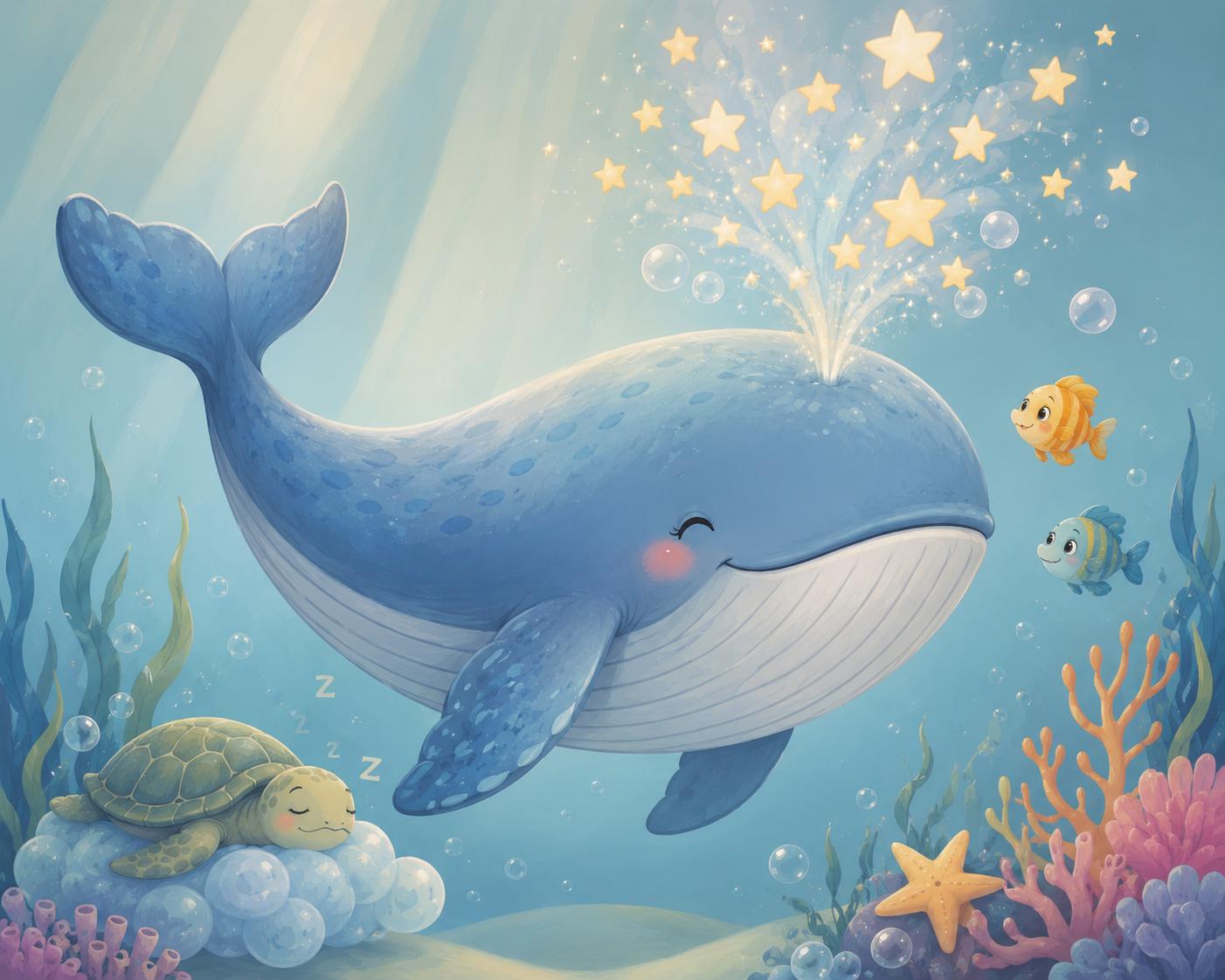 Sfeer-impressie muurschildering met een blauwe walvis die sterren spuit boven een koraalrif met een slapende schildpad