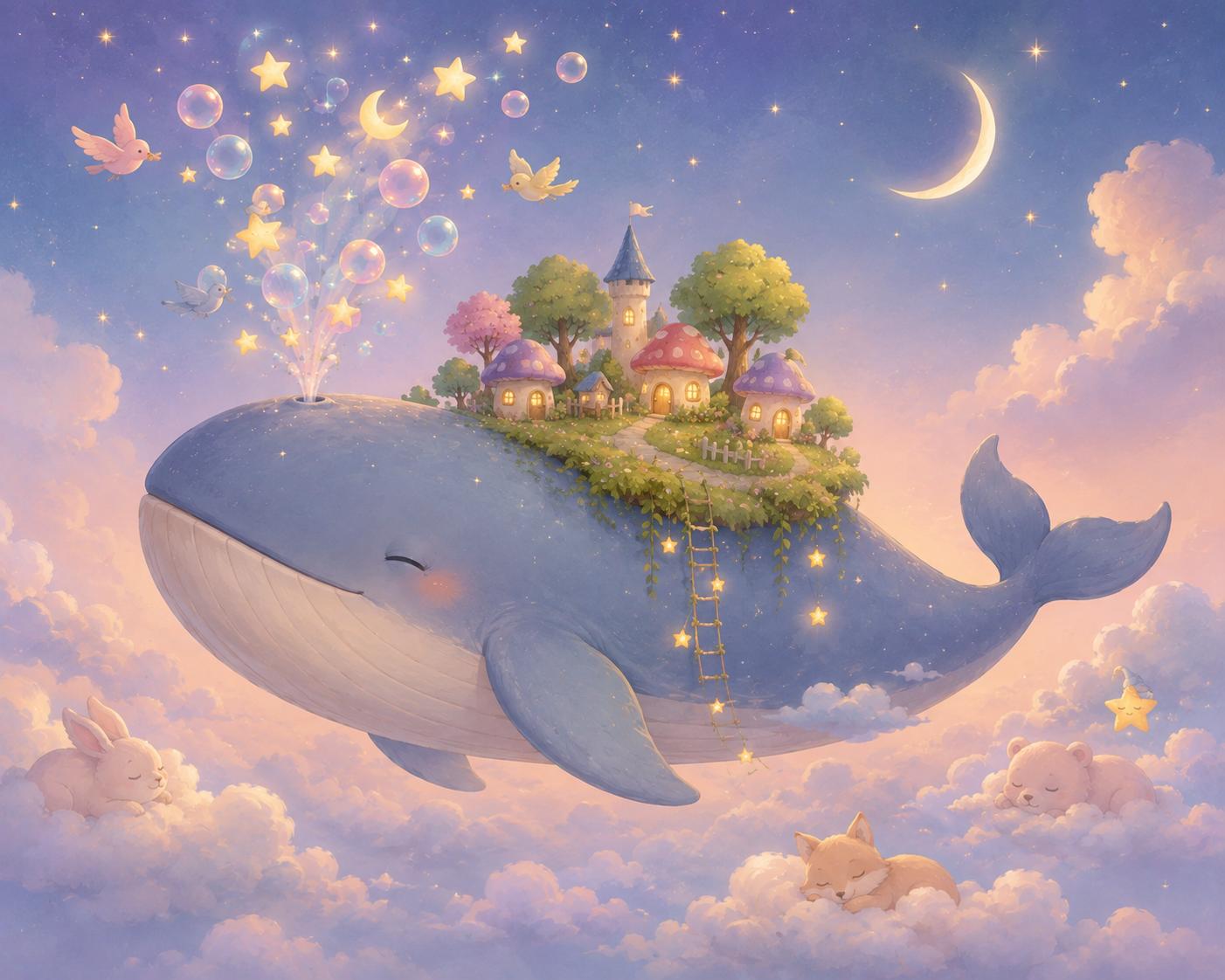 Sfeer-impressie muurschildering met een walvis met een verlicht dorpje op zijn rug in een avondlucht vol sterren
