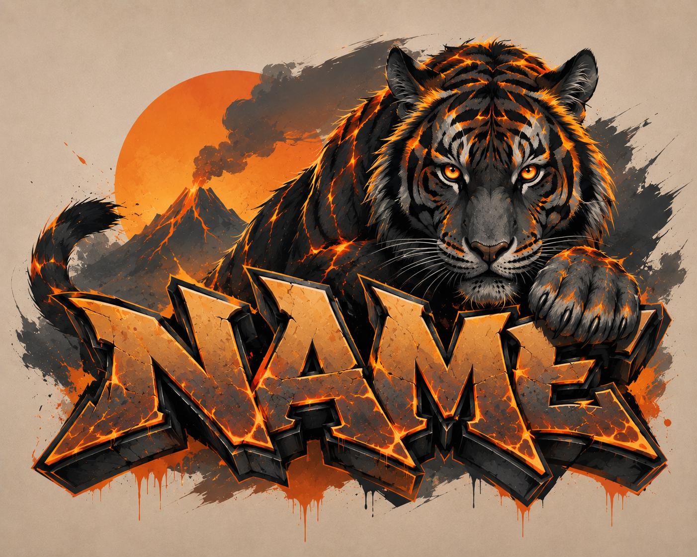 Sfeer-impressie muurschildering met een tijger achter een naam in oranje graffitiletters met een vulkaan op de achtergrond
