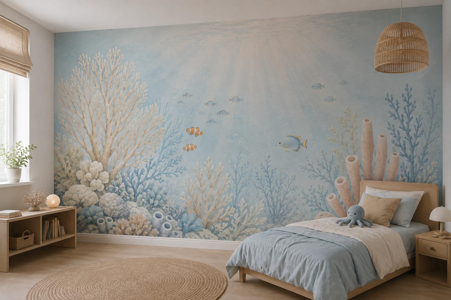 Sfeer-impressie kinderkamer met een zacht aquarel koraalrif in poederblauw met clownvissen en een school visjes
