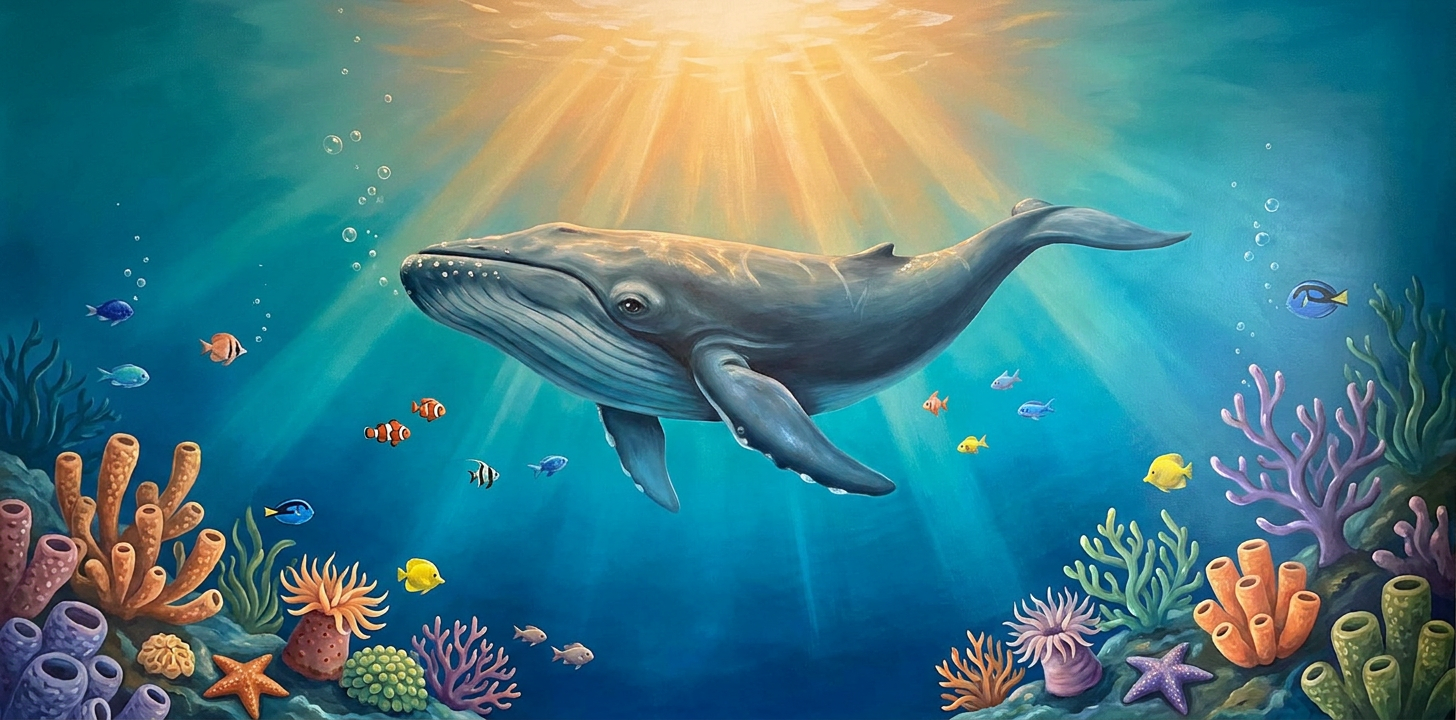 Onderwaterontwerp met een walvis boven een kleurrijk koraalrif