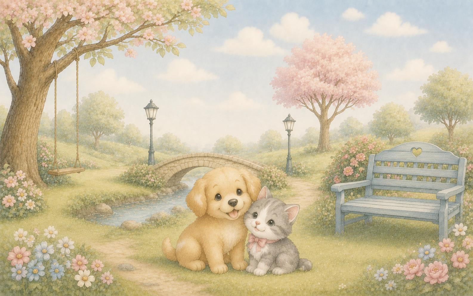 Sfeer-impressie muurschildering met een puppy en een kitten naast elkaar in een bloemenpark in zachte pasteltinten
