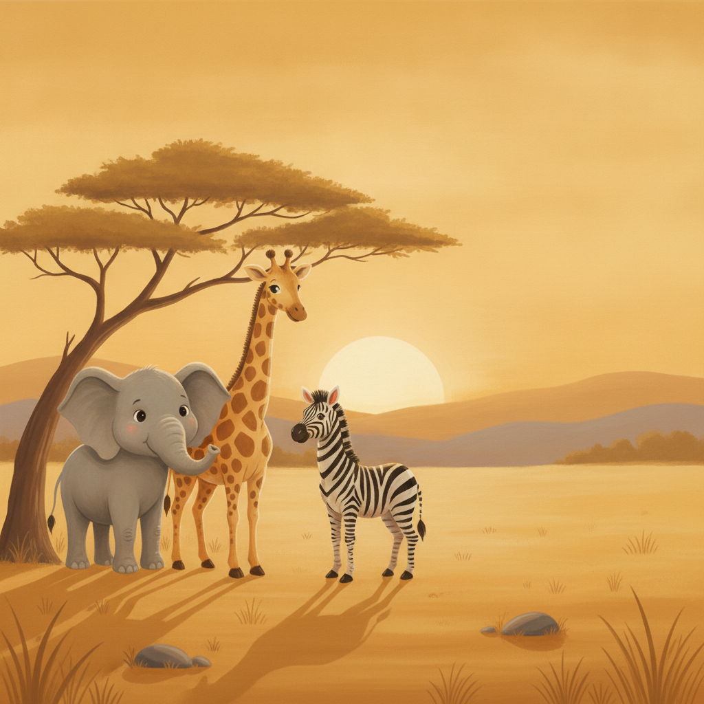 Sfeer-impressie safari muurschildering met olifant, giraf en zebra onder een acaciaboom bij zonsondergang