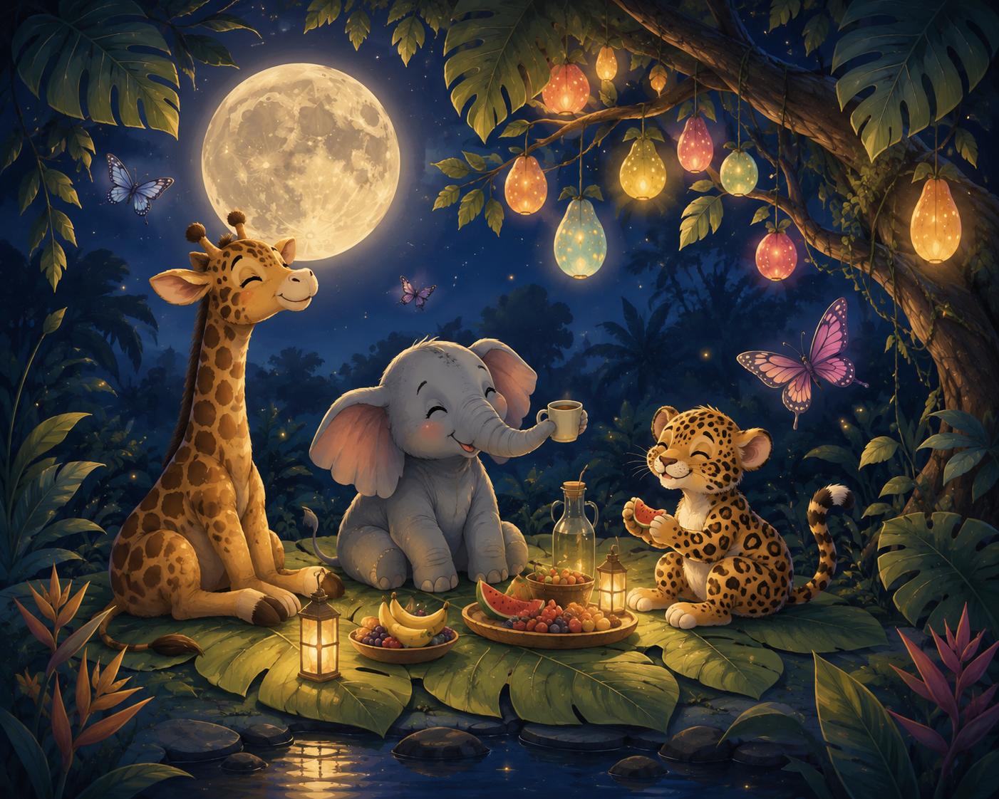 Sfeer-impressie muurschildering met een giraf, olifant en luipaardje aan een picknick bij lampionnen onder een volle maan