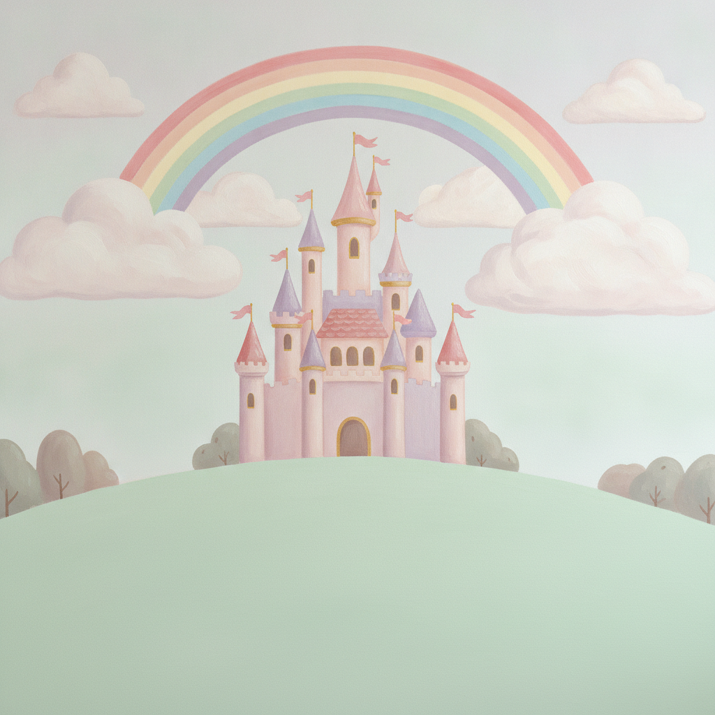 Sfeer-impressie prinses muurschildering met pastelkleurig kasteel op een groene heuvel onder een regenboog