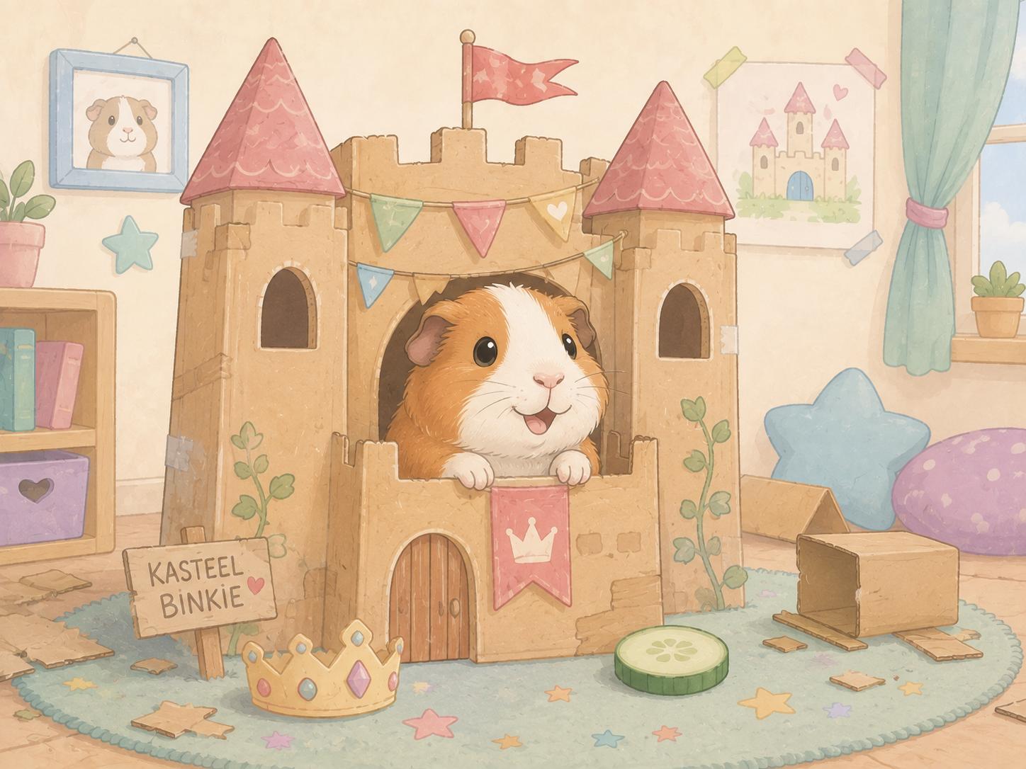 Sfeer-impressie kinderkamer met een cavia in een kartonnen kasteel met vlaggetjes en een kroontje