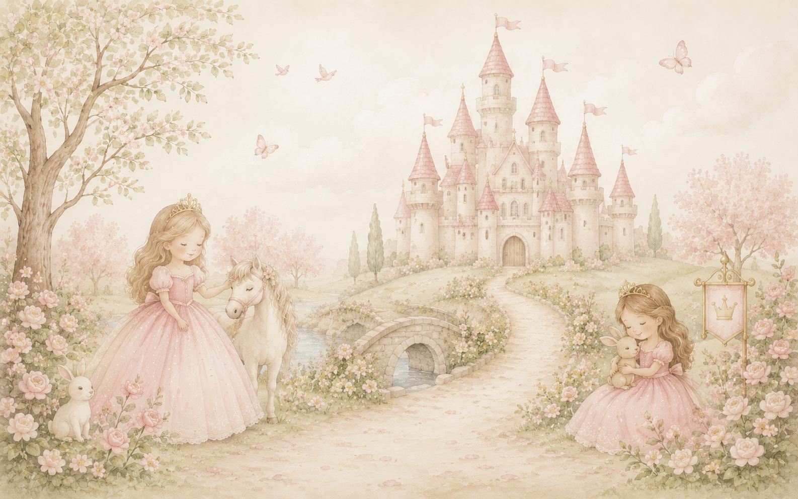 Sfeer-impressie kinderkamer met twee prinsesjes, een pony en een konijntje bij een roze sprookjeskasteel met bloesembomen, in zachte aquareltinten