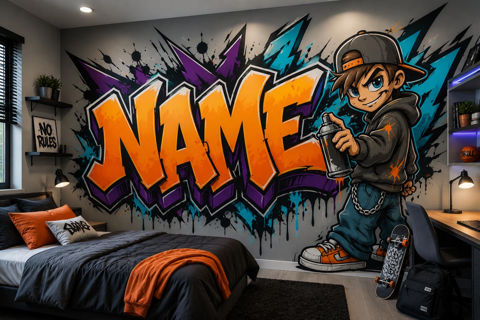 Sfeer-impressie tienerkamer met een naam in oranje graffitiletters naast een gemaakte skater met spuitbus