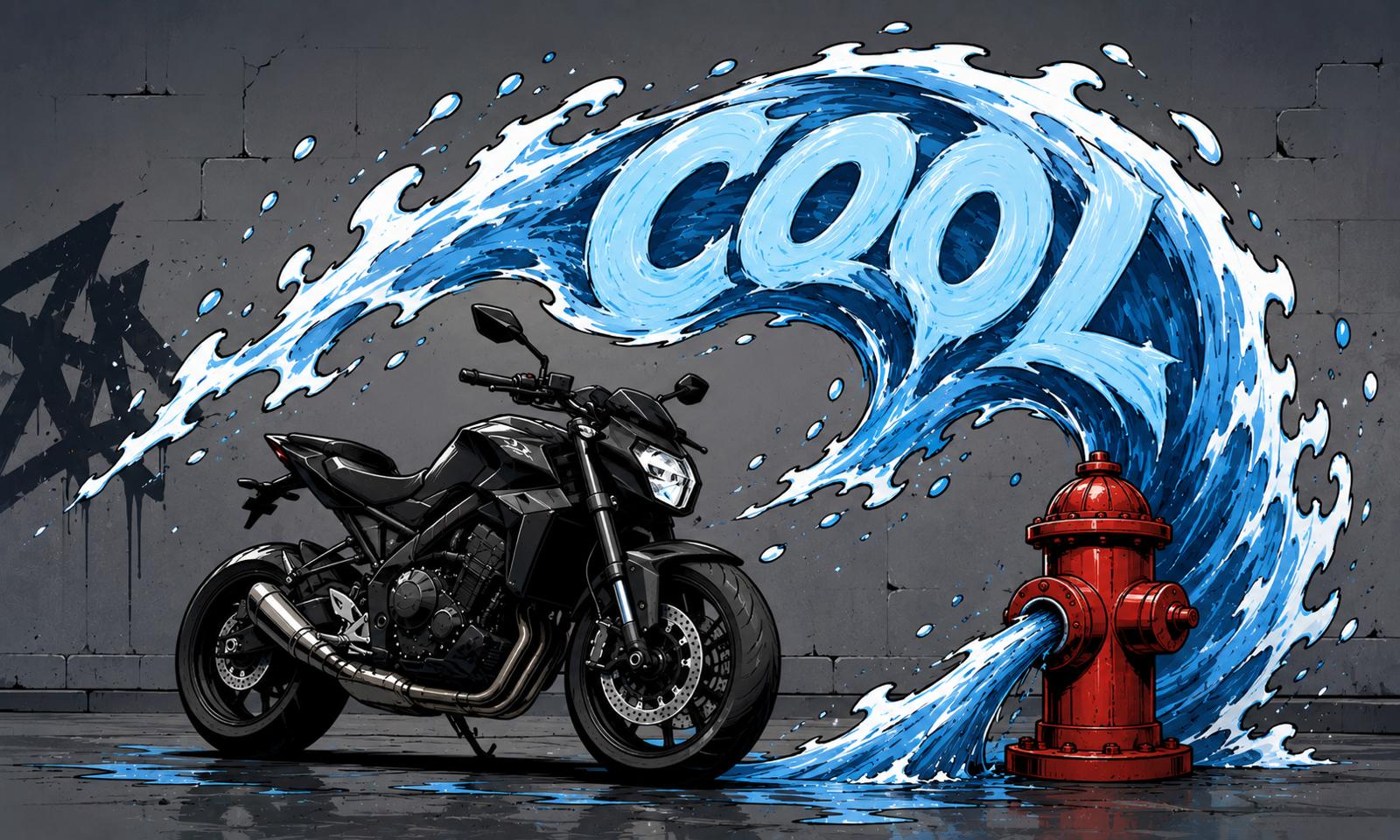 Sfeer-impressie muurschildering met een motor voor het woord COOL in een opspattende blauwe golf op een betonnen muur