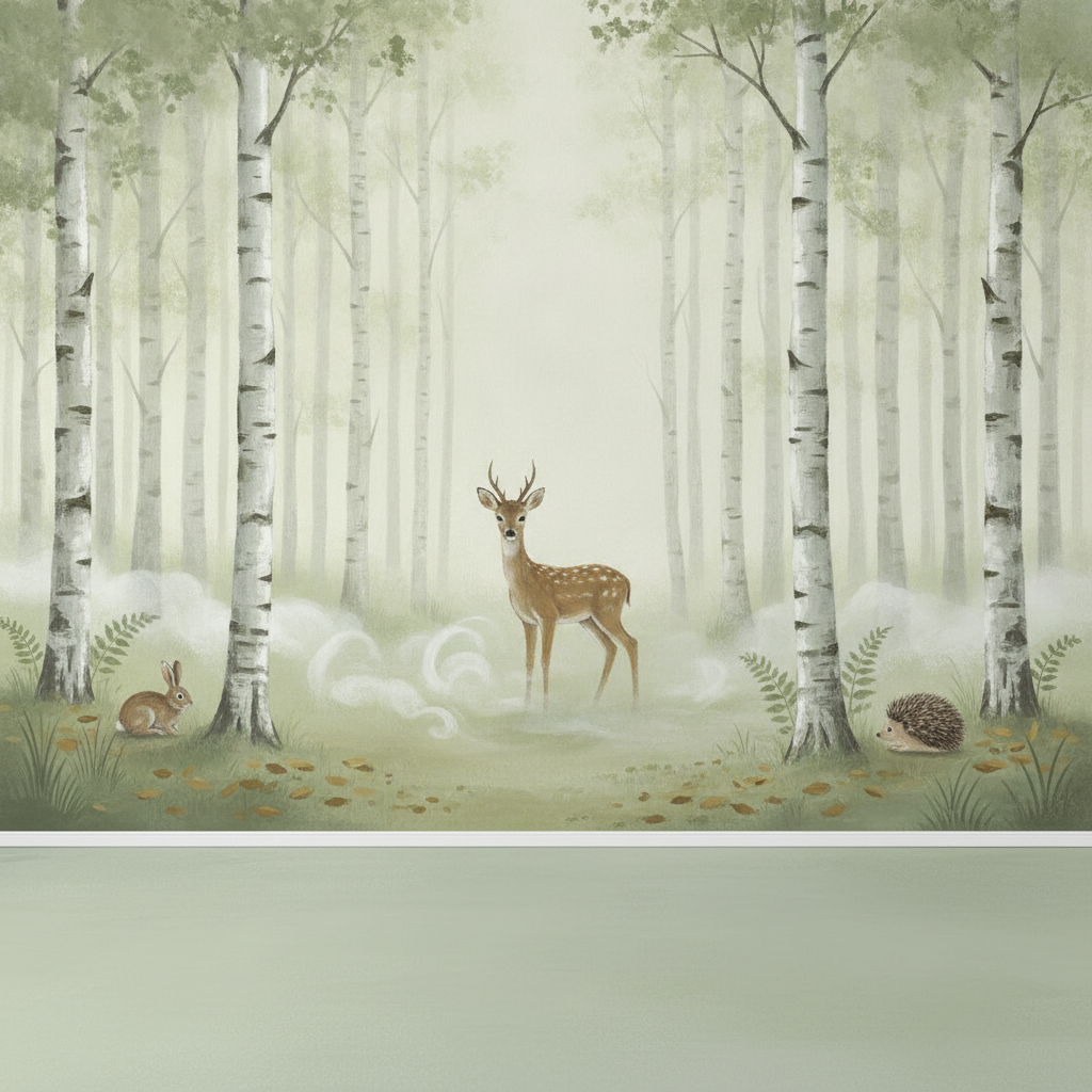 Sfeer-impressie bos muurschildering met hert, haas en egel tussen berkenbomen in de ochtendmist