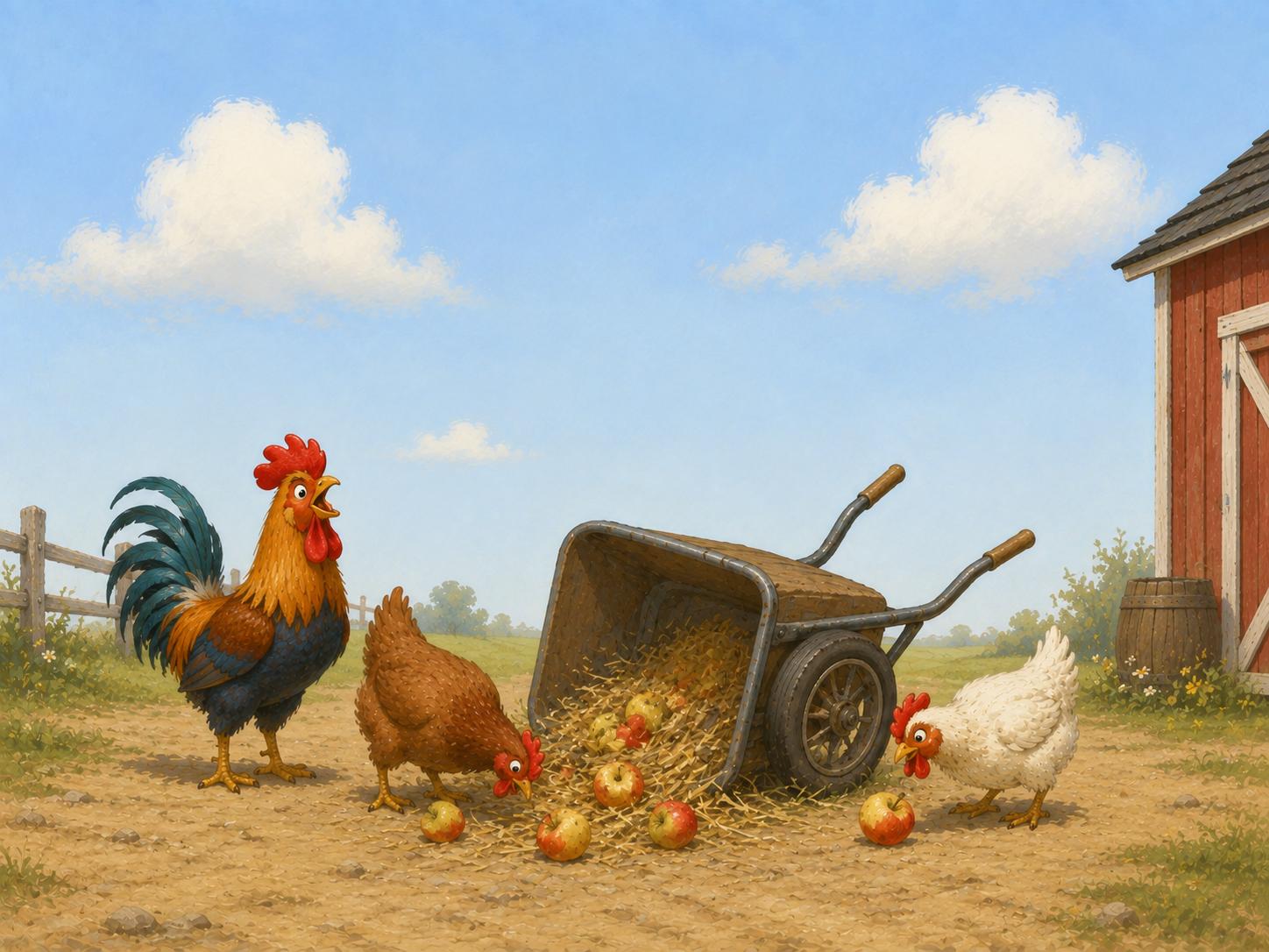 Sfeer-impressie muurschildering met een haan en twee kippen bij een omgevallen kruiwagen met appels