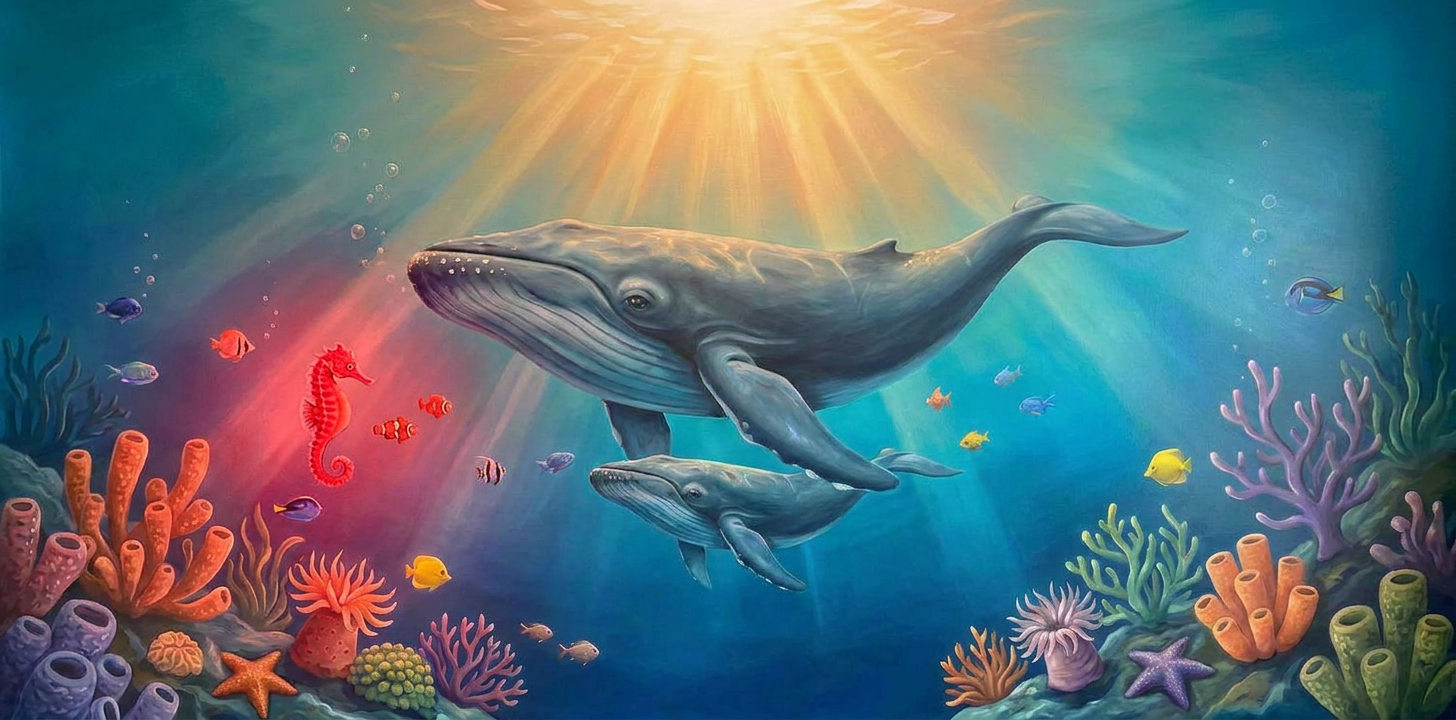 Hetzelfde onderwaterontwerp met een rood zeepaardje links van de walvissen