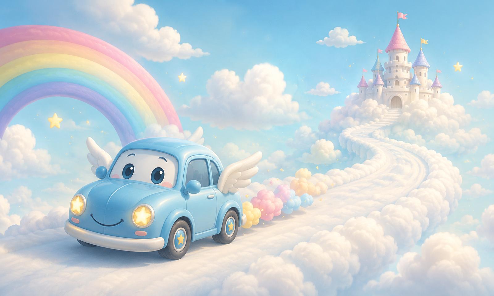 Sfeer-impressie muurschildering met een blauw autootje met vleugels op een weg van wolken naar een kasteel onder een regenboog