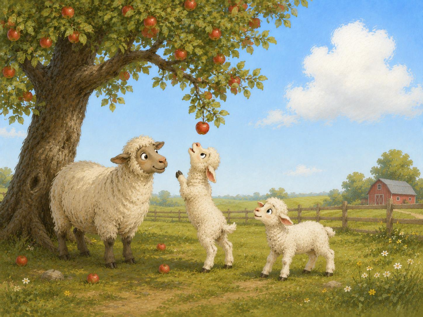 Sfeer-impressie muurschildering met een schaap en drie lammetjes onder een appelboom met vallende appels